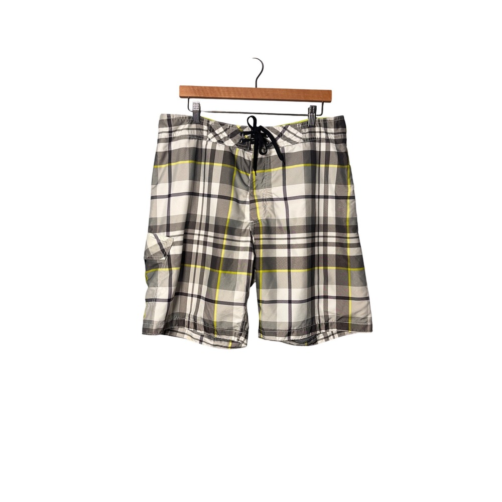 Old Navy Mens Board Shorts Large Grey White Lined Plaid Cargo Surf Beach